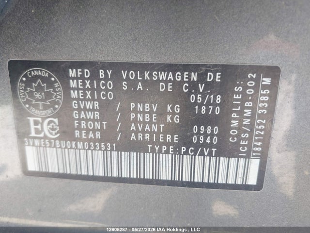 2019 Volkswagen Jetta Sel მანქანა იყიდება აუქციონზე, vin: 3VWE57BU0KM033531, აუქციონის ნომერი: 12605287
