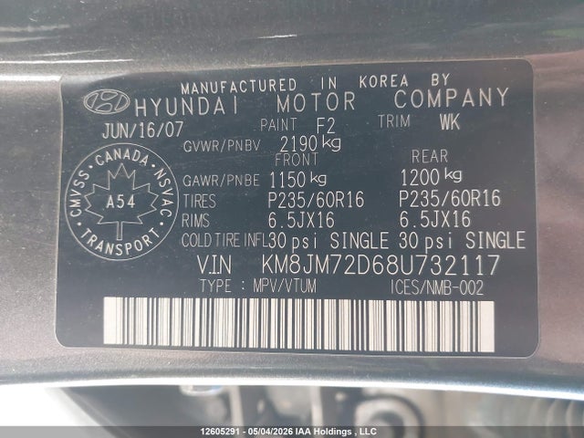 2008 Hyundai Tucson Gl V6/limited მანქანა იყიდება აუქციონზე, vin: KM8JM72D68U732117, აუქციონის ნომერი: 12605291