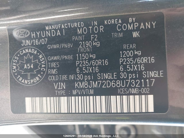 2008 Hyundai Tucson Gl V6/limited მანქანა იყიდება აუქციონზე, vin: KM8JM72D68U732117, აუქციონის ნომერი: 12605291