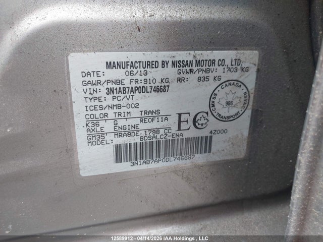 2013 Nissan Sentra 1.8 S/1.8 Sv მანქანა იყიდება აუქციონზე, vin: 3N1AB7AP0DL746687, აუქციონის ნომერი: 12589912