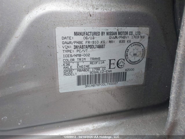 2013 Nissan Sentra 1.8 S/1.8 Sv მანქანა იყიდება აუქციონზე, vin: 3N1AB7AP0DL746687, აუქციონის ნომერი: 12589912