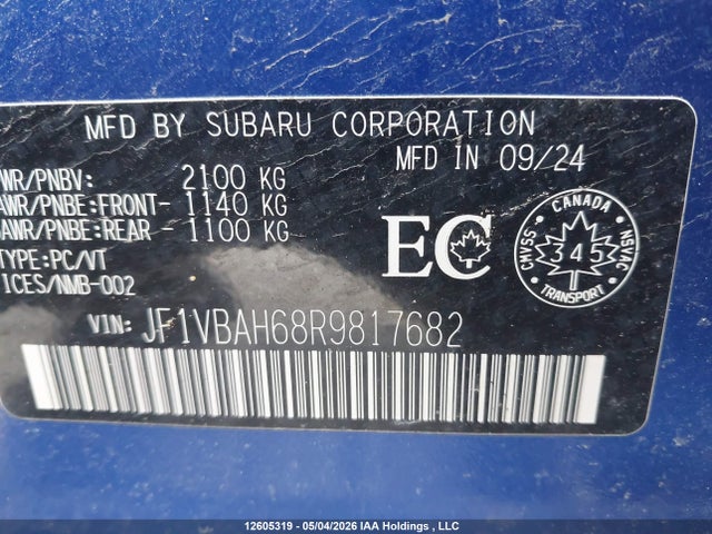 2024 Subaru Wrx Premium მანქანა იყიდება აუქციონზე, vin: JF1VBAH68R9817682, აუქციონის ნომერი: 12605319