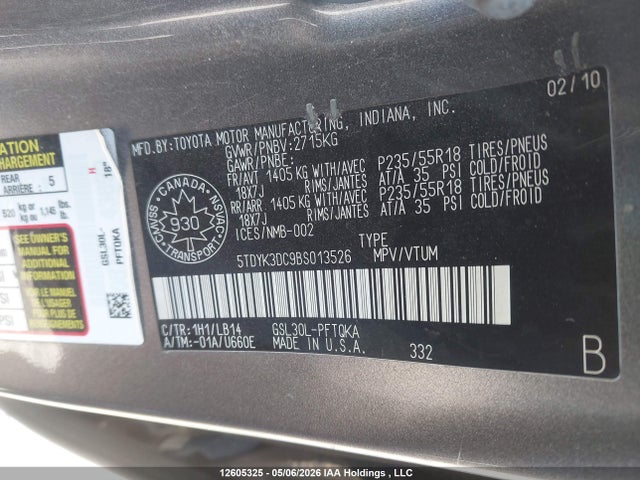 12605325 :رقم المزاد ، 5TDYK3DC9BS013526 vin ، 2011 Toyota Sienna Xle 7 Passenger مزاد بيع