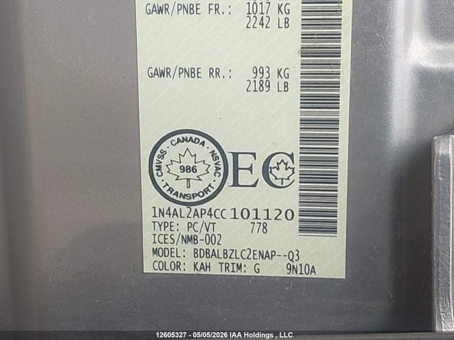 2012 Nissan Altima S მანქანა იყიდება აუქციონზე, vin: 1N4AL2AP4CC101120, აუქციონის ნომერი: 12605327