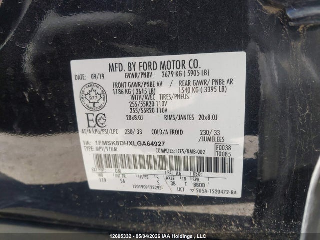 Aukcja sprzedaży 2020 Ford Explorer Xlt, vin: 1FMSK8DHXLGA64927, numer aukcji: 12605332