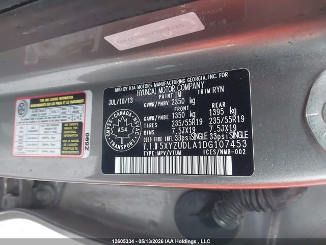 12605334 :رقم المزاد ، 5XYZUDLA1DG107453 vin ، 2013 Hyundai Santa Fe Sport مزاد بيع