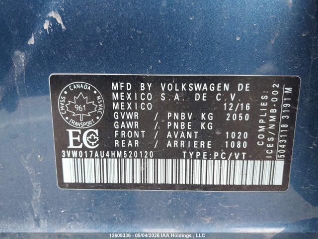 12605336 :رقم المزاد ، 3VW017AU4HM520120 vin ، 2017 Volkswagen Golf Sportwagen 1.8 Tsi Comfortline/1.8 Tsi Highline/1.8 Tsi Trendline مزاد بيع