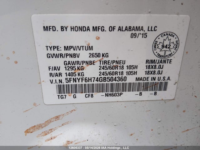 5FNYF6H74GB504360 Honda Pilot Ex-l Navi