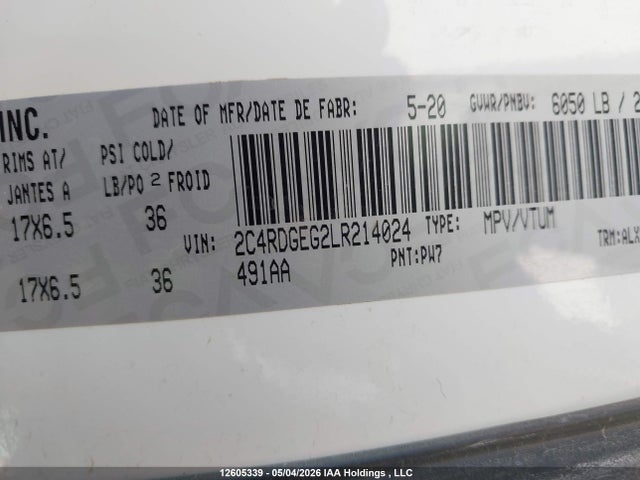Продажа на аукционе авто 2020 Dodge Grand Caravan Gt, vin: 2C4RDGEG2LR214024, номер лота: 12605339