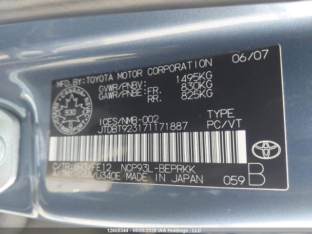 12605344 :رقم المزاد ، JTDBT923171171887 vin ، 2007 Toyota Yaris مزاد بيع