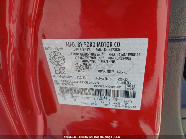 Продаж на аукціоні авто 2009 Ford Escape Xlt Automatic, vin: 1FMCU93G49KB91773, номер лоту: 12605346