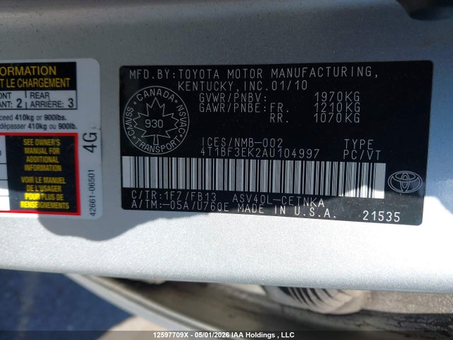 2010 Toyota Camry Le მანქანა იყიდება აუქციონზე, vin: 4T1BF3EK2AU104997, აუქციონის ნომერი: 12597709
