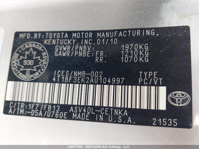2010 Toyota Camry Le მანქანა იყიდება აუქციონზე, vin: 4T1BF3EK2AU104997, აუქციონის ნომერი: 12597709