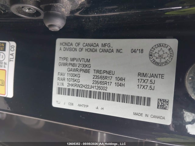 Продажа на аукционе авто 2018 Honda Cr-v Lx, vin: 2HKRW2H22JH126002, номер лота: 12605352
