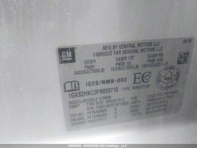 Aukcja sprzedaży 2015 Gmc Yukon Xl 1500 Slt, vin: 1GKS2HKC0FR659715, numer aukcji: 12605356