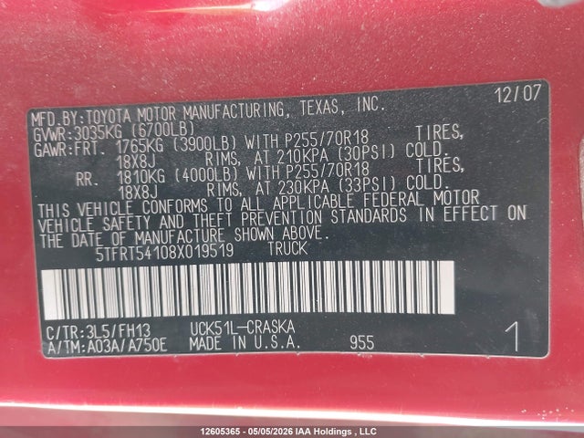 Продаж на аукціоні авто 2008 Toyota Tundra Base 4.7l V8, vin: 5TFRT54108X019519, номер лоту: 12605365