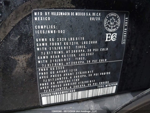 Aukcja sprzedaży 2025 Volkswagen Tiguan Trendline, vin: 3VVBR7RM4SM061429, numer aukcji: 12605368
