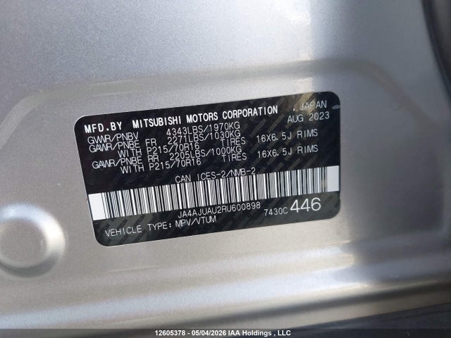 Aukcja sprzedaży 2024 Mitsubishi Rvr Es, vin: JA4AJUAU2RU600898, numer aukcji: 12605378