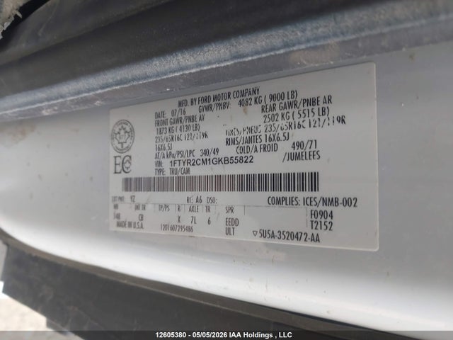 Продажа на аукционе авто 2016 Ford Transit-250, vin: 1FTYR2CM1GKB55822, номер лота: 12605380