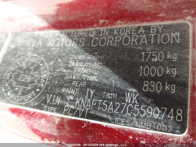 12605388 :رقم المزاد ، KNAFT5A27C5590748 vin ، 2012 Kia Forte Lx مزاد بيع