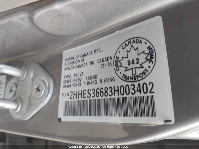 Продажа на аукционе авто 2003 Acura 1.7el Touring, vin: 2HHES36683H003402, номер лота: 12605389