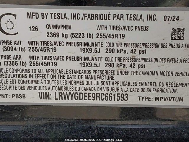 LRWYGDEE9RC661593 Tesla Model Y
