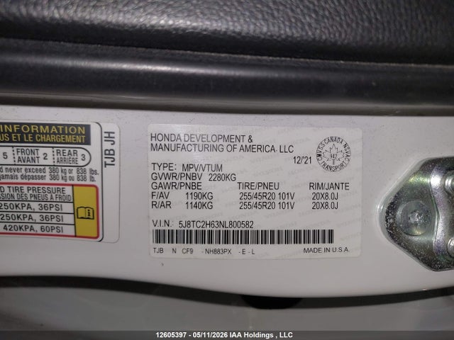 Aukcja sprzedaży 2022 Acura Rdx A-spec, vin: 5J8TC2H63NL800582, numer aukcji: 12605397