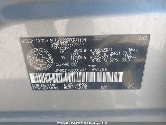 12605401 :رقم المزاد ، JTMBD31V566003815 vin ، 2006 Toyota Rav4 Limited مزاد بيع