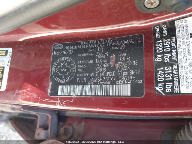 Продаж на аукціоні авто 2007 Hyundai Santa Fe Gls, vin: 5NMSH73EX7H086185, номер лоту: 12605402