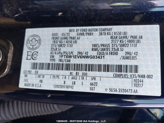 Ford F-150 Lightning Platinum 2022 1FT6W1EV6NWG03431 Image 9