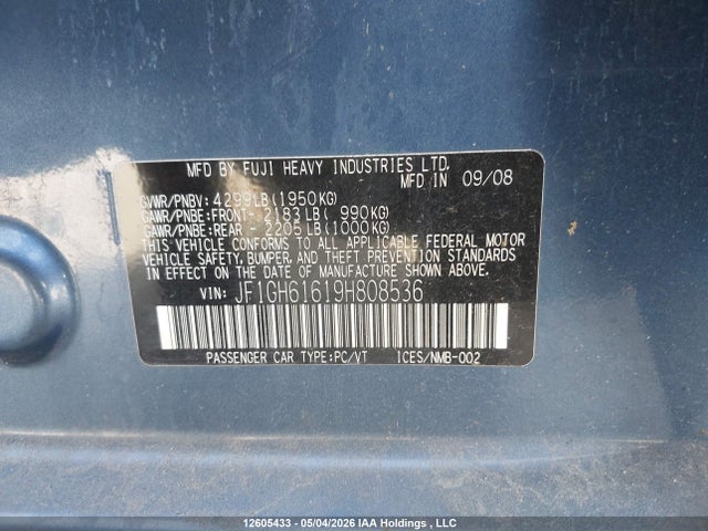 Aukcja sprzedaży 2009 Subaru Impreza 2.5i, vin: JF1GH61619H808536, numer aukcji: 12605433