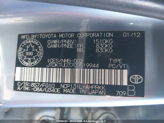 12605434 :رقم المزاد ، JTDKTUD37CD519944 vin ، 2012 Toyota Yaris مزاد بيع