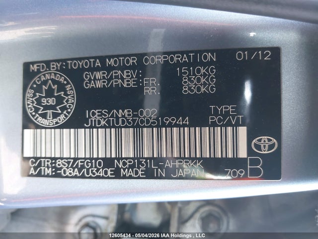 12605434 :رقم المزاد ، JTDKTUD37CD519944 vin ، 2012 Toyota Yaris مزاد بيع
