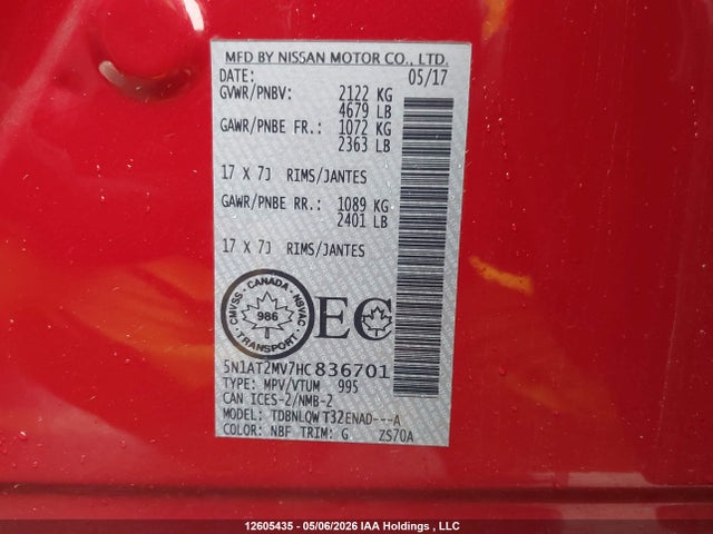 Aukcja sprzedaży 2017 Nissan Rogue Sv/sl, vin: 5N1AT2MV7HC836701, numer aukcji: 12605435