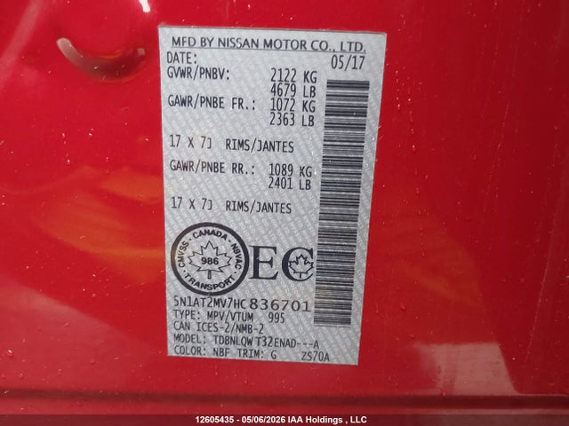 Aukcja sprzedaży 2017 Nissan Rogue Sv/sl, vin: 5N1AT2MV7HC836701, numer aukcji: 12605435
