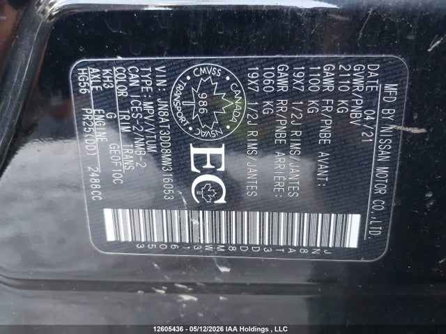 12605436 :رقم المزاد ، JN8AT3DD8MW316053 vin ، 2021 Nissan Rogue Platinum مزاد بيع