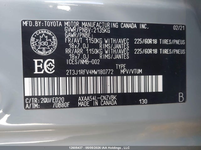 Aukcja sprzedaży 2021 Toyota Rav4 Adventure/trd Off Road, vin: 2T3J1RFV4MW180772, numer aukcji: 12605437