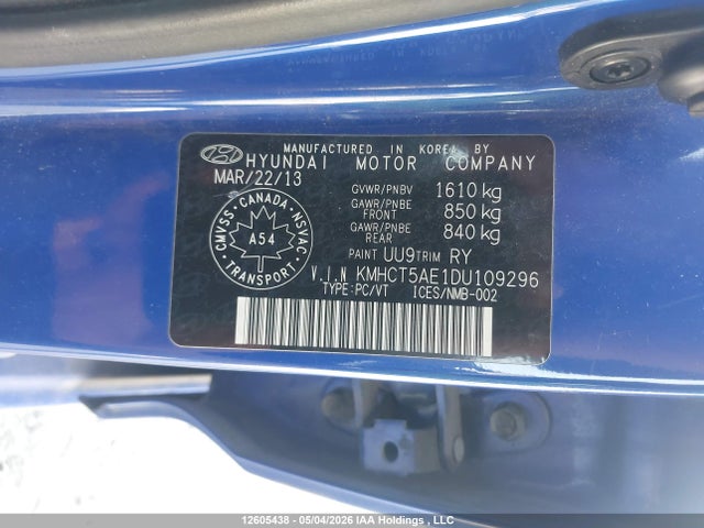 2013 Hyundai Accent Gl მანქანა იყიდება აუქციონზე, vin: KMHCT5AE1DU109296, აუქციონის ნომერი: 12605438