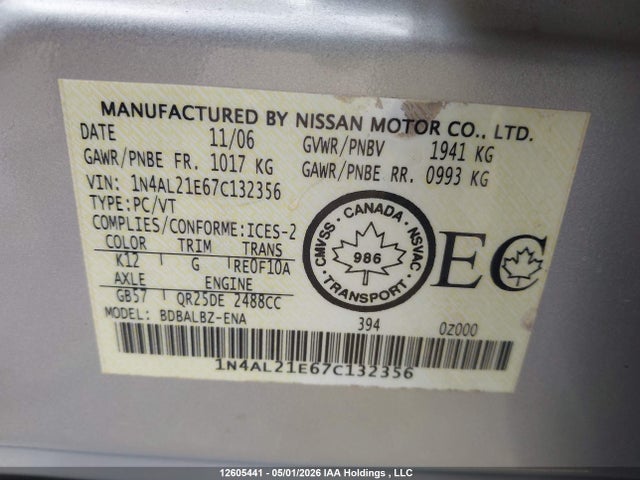 2007 Nissan Altima 2.5/2.5s მანქანა იყიდება აუქციონზე, vin: 1N4AL21E67C132356, აუქციონის ნომერი: 12605441