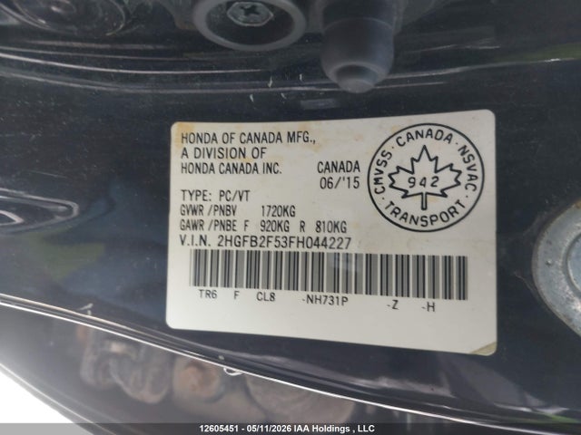 Продажа на аукционе авто 2015 Honda Civic, vin: 2HGFB2F53FH044227, номер лота: 12605451