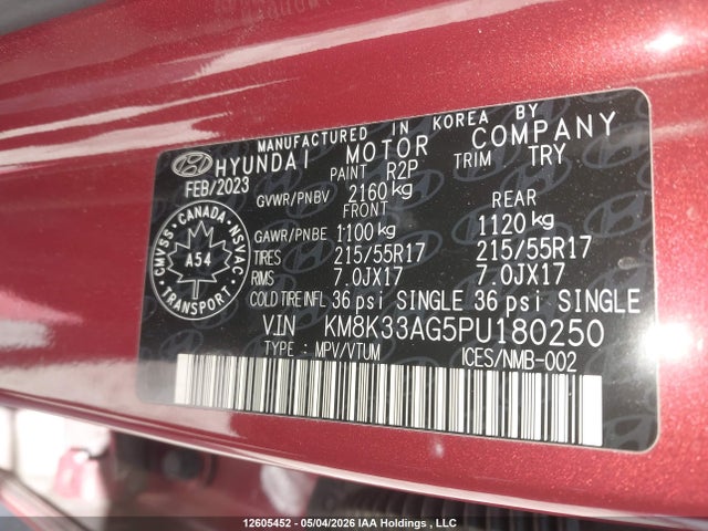 12605452 :رقم المزاد ، KM8K33AG5PU180250 vin ، 2023 Hyundai Kona Sel مزاد بيع
