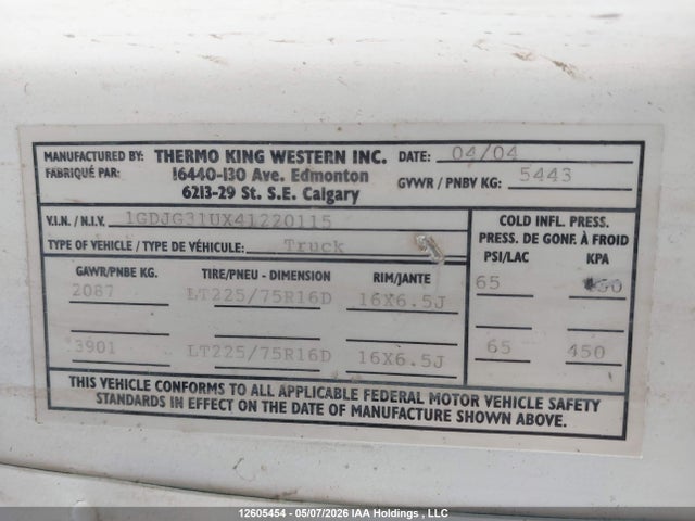 12605454 :رقم المزاد ، 1GDJG31UX41220115 vin ، 2004 Gmc Savana Special Standard مزاد بيع