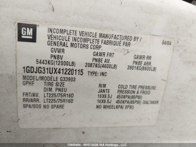 12605454 :رقم المزاد ، 1GDJG31UX41220115 vin ، 2004 Gmc Savana Special Standard مزاد بيع
