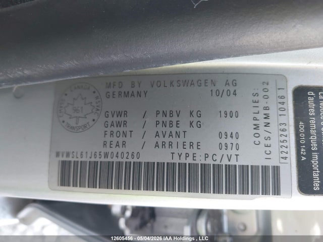 Продажа на аукционе авто 2005 Volkswagen Jetta Gls, vin: WVWSL61J65W040260, номер лота: 12605456