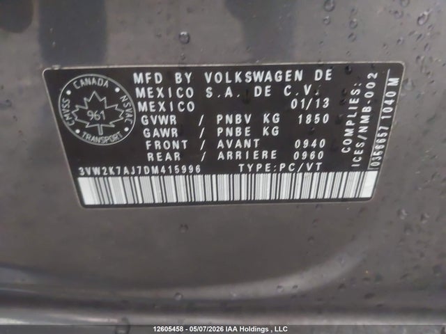 12605458 :رقم المزاد ، 3VW2K7AJ7DM415996 vin ، 2013 Volkswagen Jetta 2.0l Trendline/2.0l Trendline+ مزاد بيع