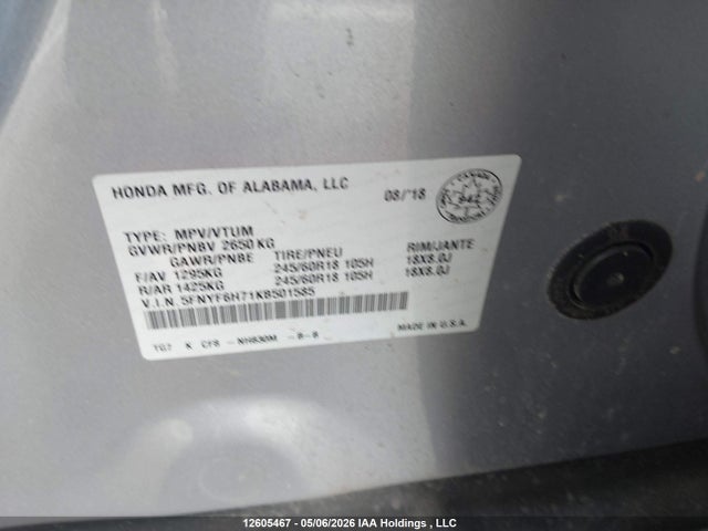 5FNYF6H71KB501585 Honda PILOT EXL