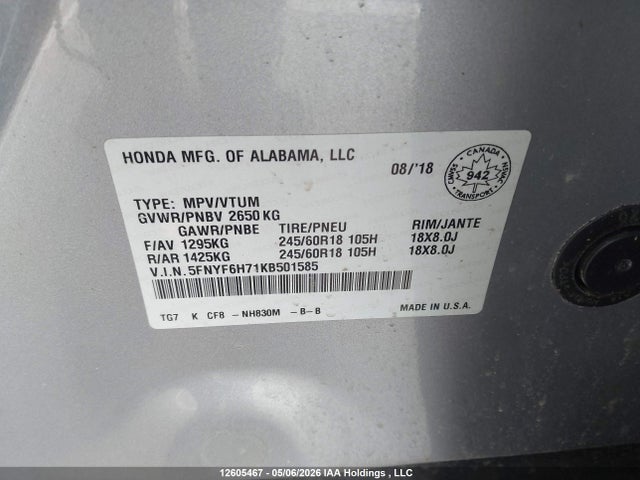 5FNYF6H71KB501585 Honda PILOT EXL