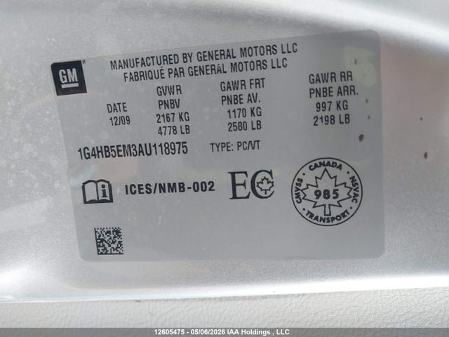 Продаж на аукціоні авто 2010 Buick Lucerne Cx, vin: 1G4HB5EM3AU118975, номер лоту: 12605475