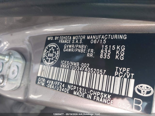 Продаж на аукціоні авто 2015 Toyota Yaris Se, vin: VNKKTUD34FA052057, номер лоту: 12605477