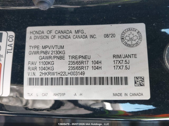 12605479 :رقم المزاد ، 2HKRW1H22LH003149 vin ، 2020 Honda Cr-v Lx مزاد بيع